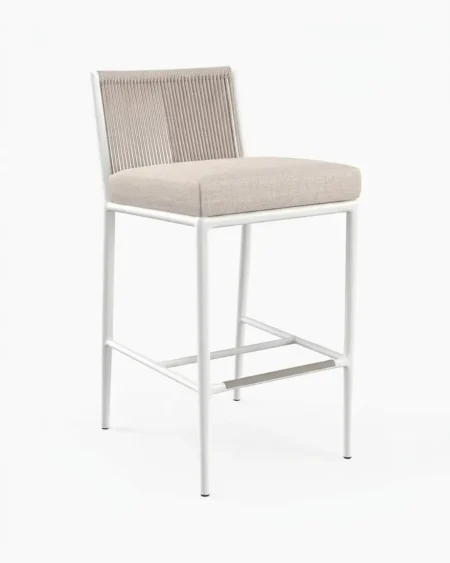 Premium white marine-grade aluminium Prescott bar stool with UV-stabilized rope weave and cushioned seat for luxury hotels.