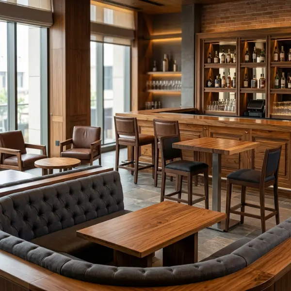 Custom solid teak bar stools and high tables from a trusted pub bar furniture manufacturer in Gurgaon.