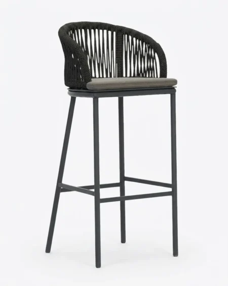 Marine-grade radcliffe bar stool with black powder-coated frame and black vertical rope weave