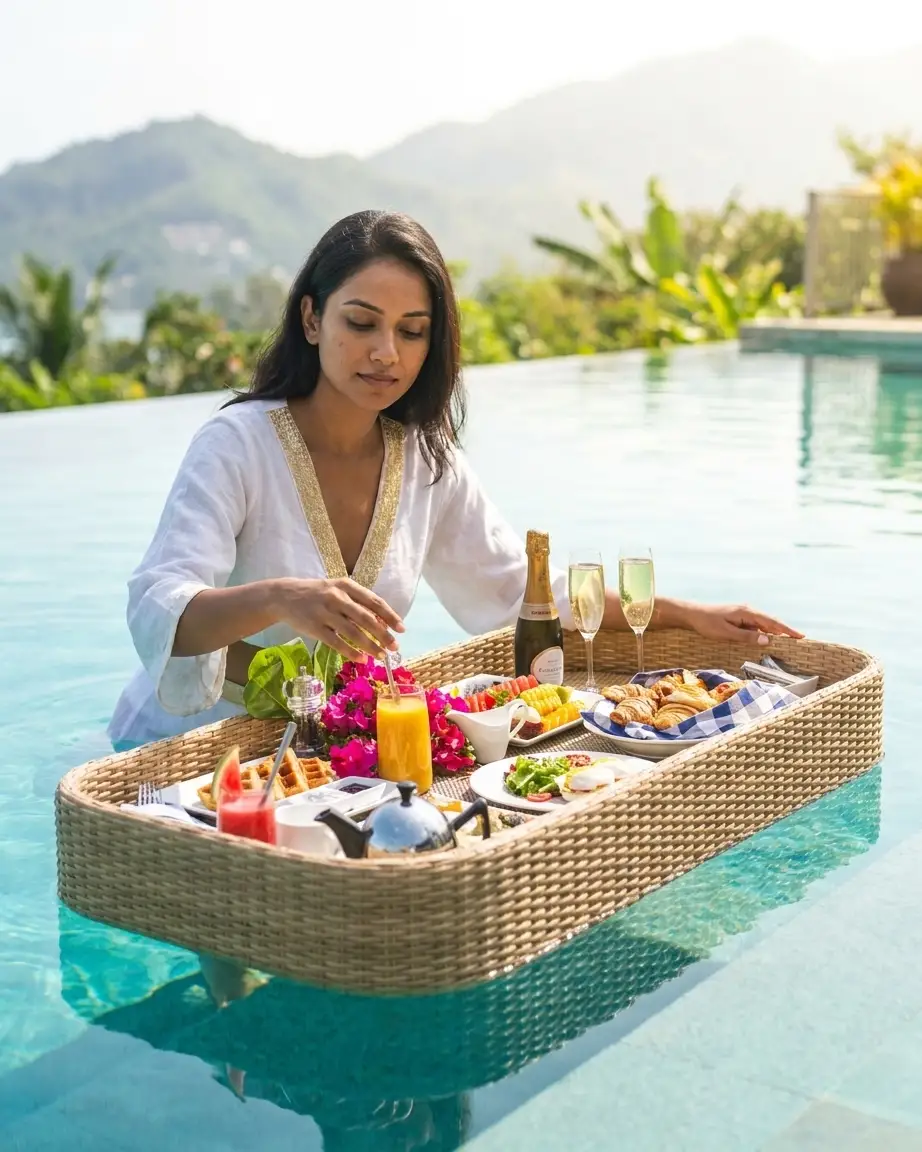The Aurela floating breakfast tray displayed in a boutique hotel pool setting, highlighting its aesthetic appeal.