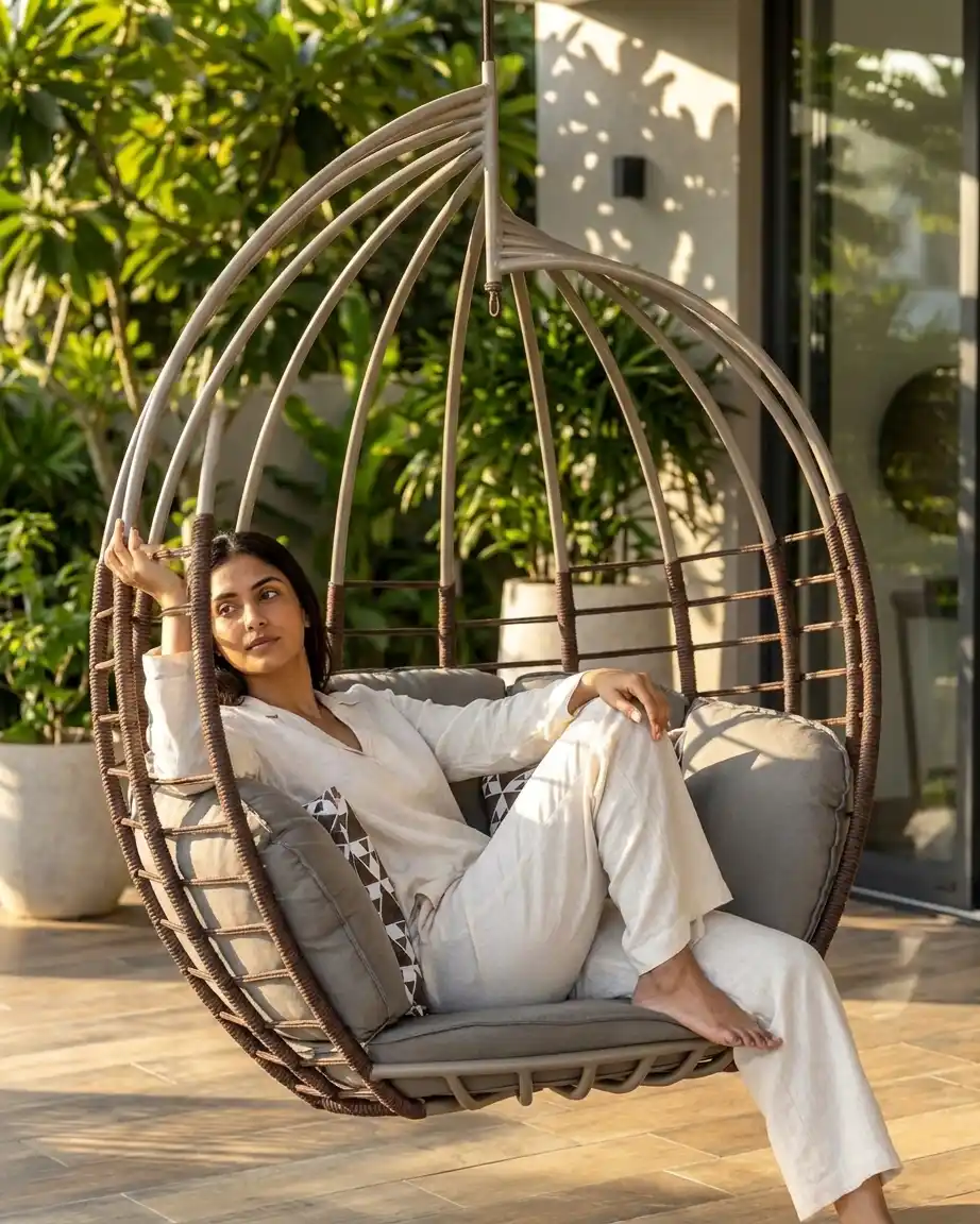 Close up of the intricate UV-stabilized grey rattan weave on the resort cocoon swing chair.