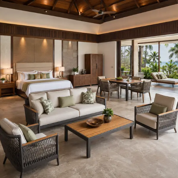 Factory direct resort furniture manufacturer Andaman supplying marine-grade aluminium outdoor furniture.