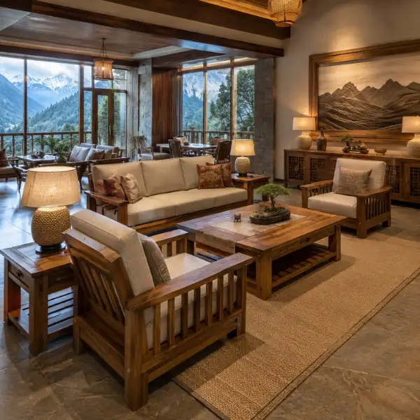 Craftnika resort furniture manufacturer in Kasol – factory-direct outdoor teak and aluminium furniture for Parvati Valley hotels.