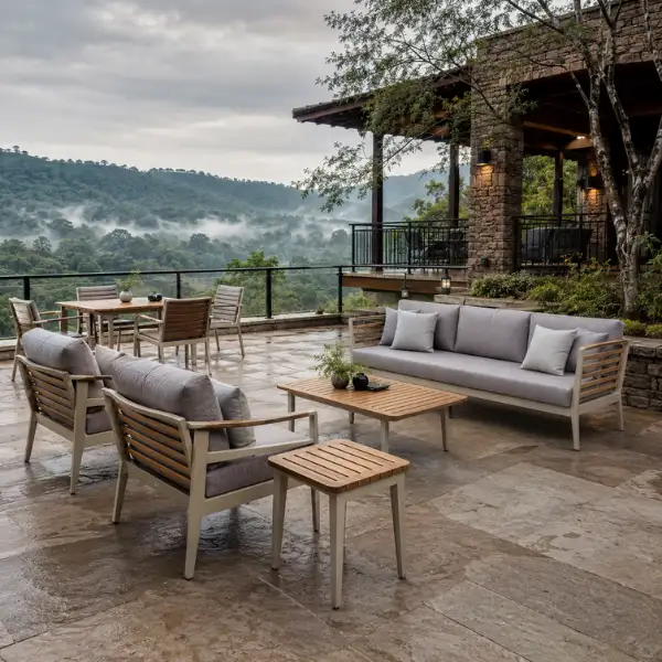 Marine-grade aluminium outdoor furniture built by a premium Resort Furniture Manufacturer Pachmarhi.