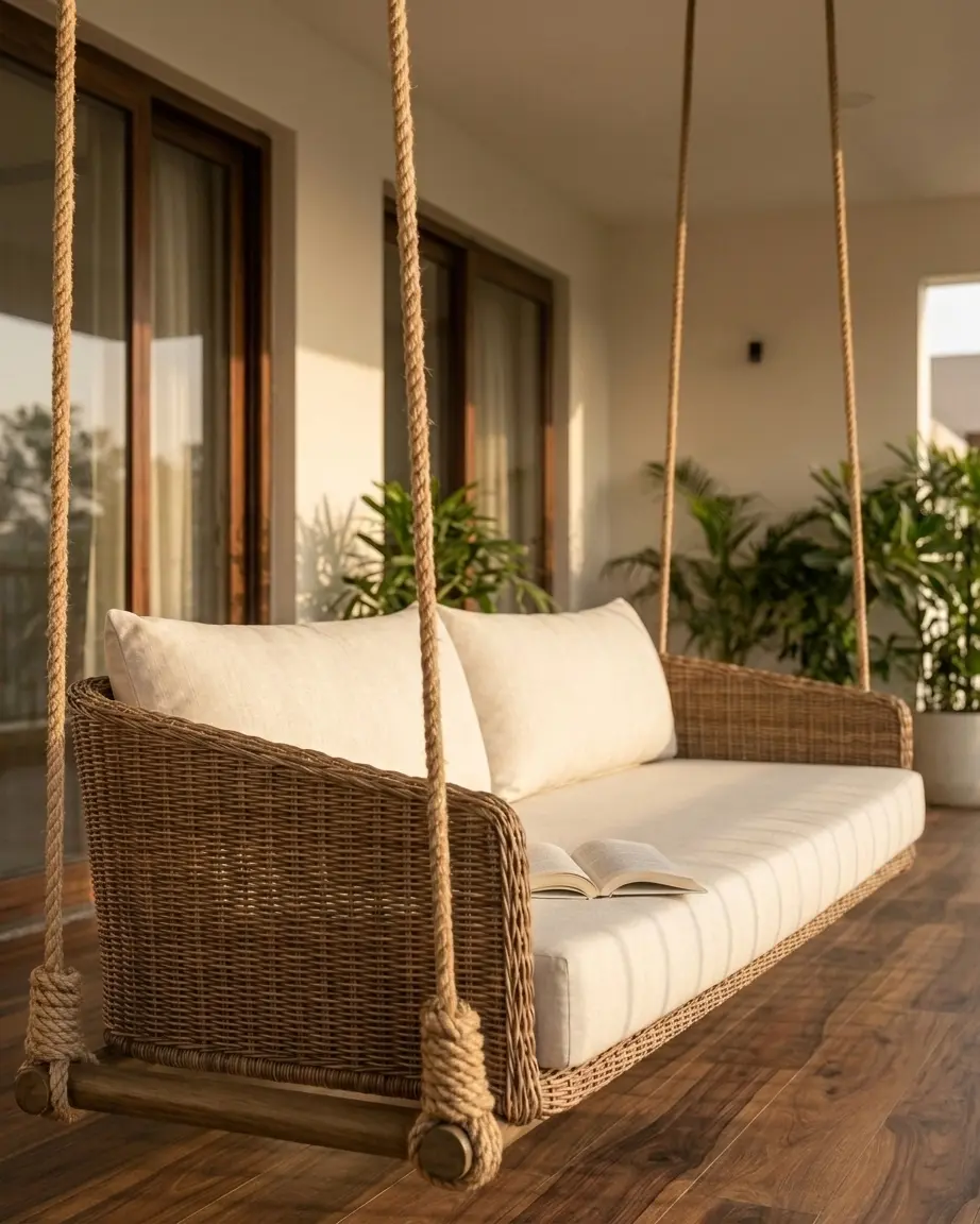 Close up of the intricate UV-stabilized rattan weave on the resort hanging daybed swing.