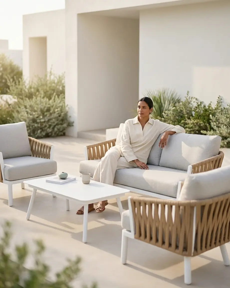 Close up of the intricate UV-stabilized strap weave on the resort outdoor seating set.