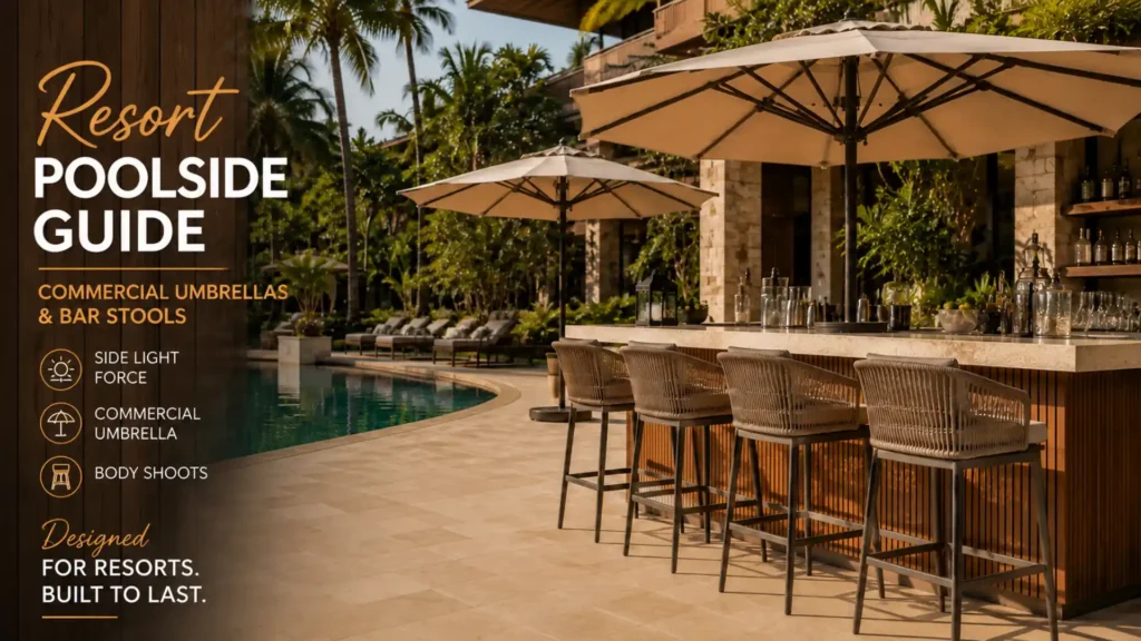 Luxury resort poolside featuring commercial windproof umbrellas and rust-proof bar stools by Craftnika.