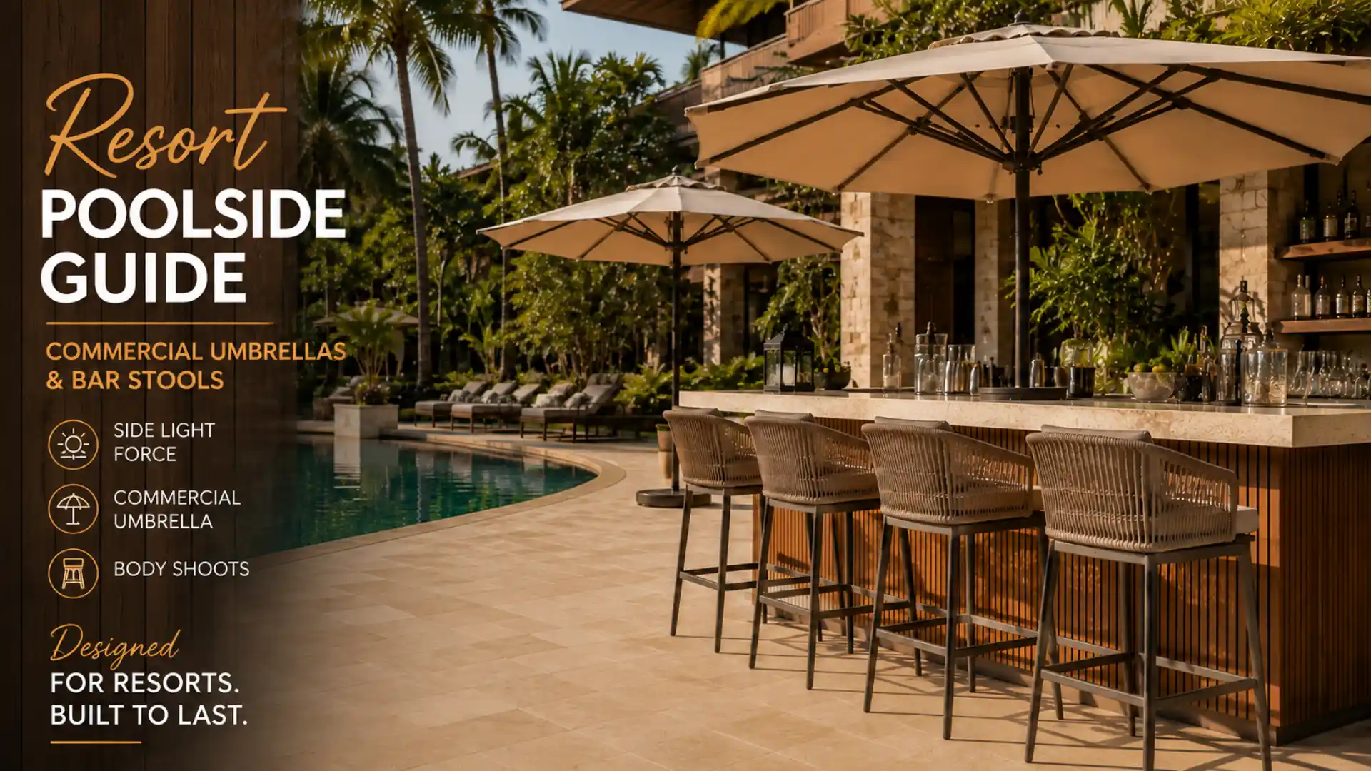 Luxury resort poolside featuring commercial windproof umbrellas and rust-proof bar stools by Craftnika.