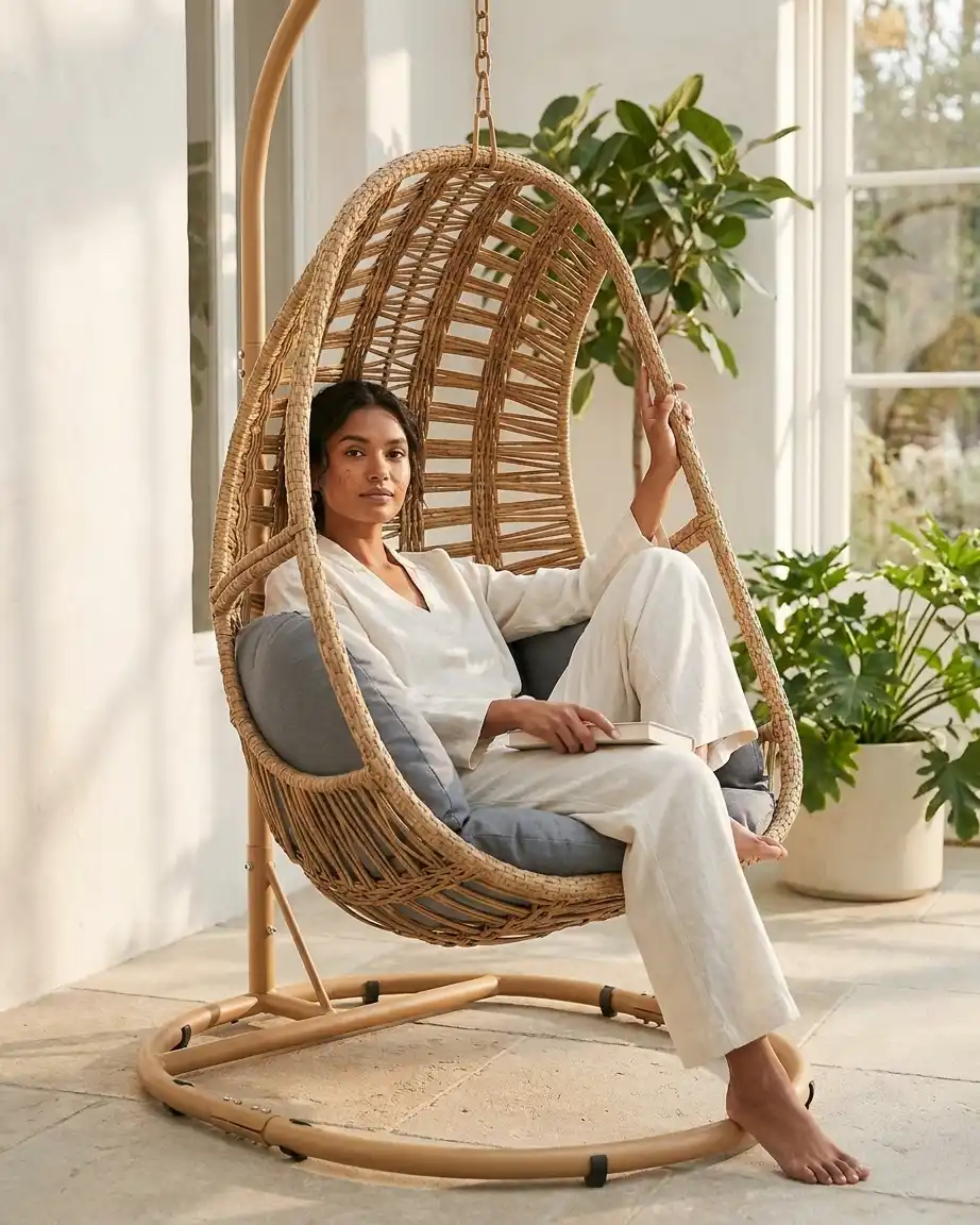 Close up of the intricate HDPE woven wicker on the resort rattan swing chair.