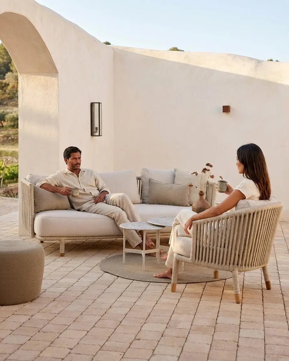 Close up of the high-quality weather resistant beige fabric and rope detailing featuring resort sectional seating set.