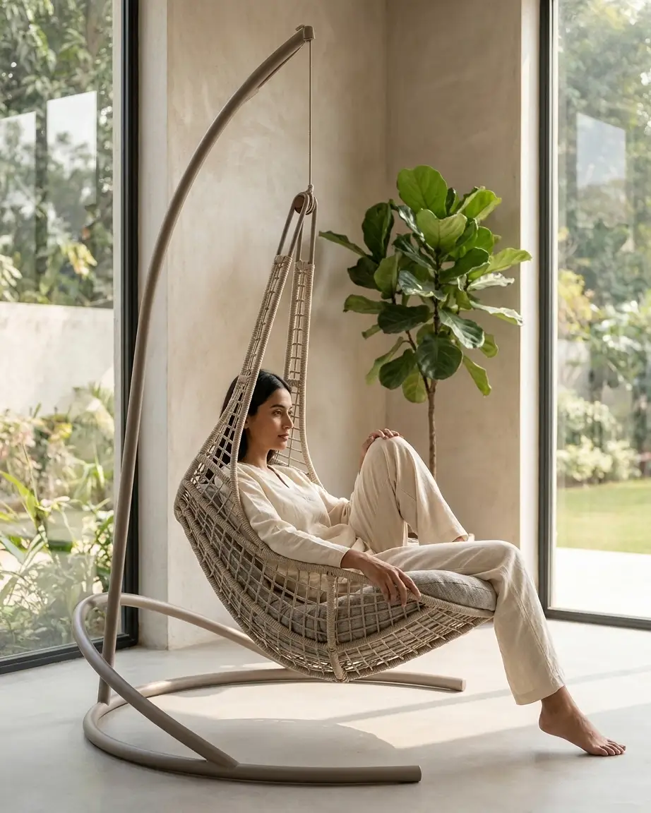 Close up of the intricate UV-stabilized grey rope weave on the resort woven swing chair.