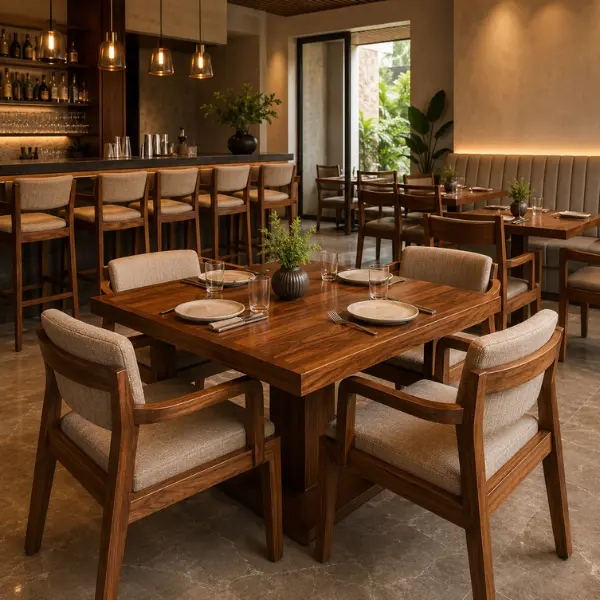 Premium custom seating and tables crafted by a leading restaurant furniture manufacturer in Mysore.