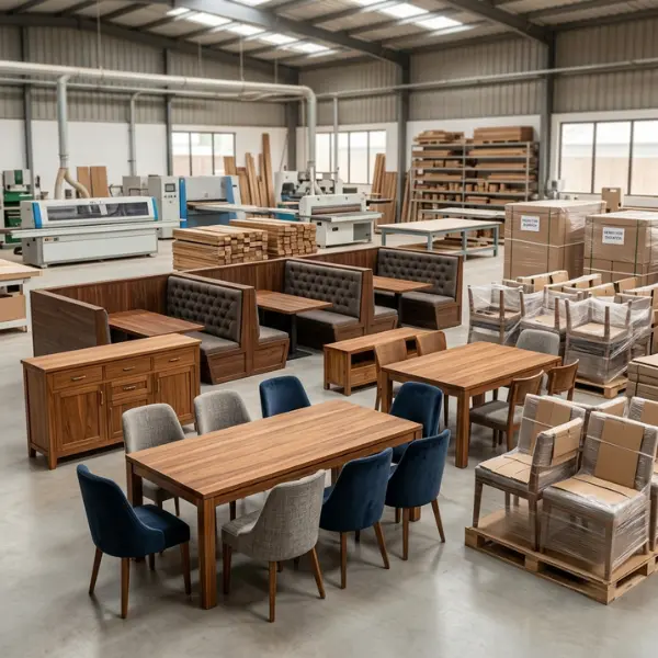 High-quality solid teak wood dining tables and chairs from a leading restaurant furniture manufacturer in Nagpur.