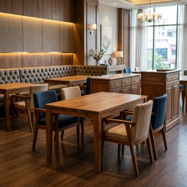 Pune restaurant furniture manufacturer supplying high-footfall dining tables, chairs, and custom booth seating.