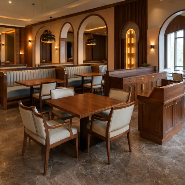 Factory-direct solid wood restaurant furniture supplied to cafes and dining venues in Aurangabad.