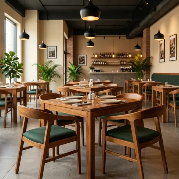 Commercial-grade solid wood dining tables provided by the leading restaurant furniture supplier in Coimbatore.