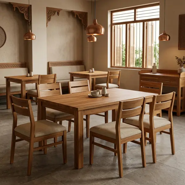 Commercial-grade solid wood dining tables provided by the leading restaurant furniture supplier in Madurai.