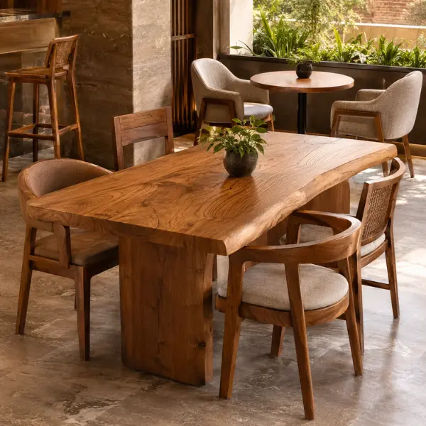 Kiln-dried solid teak dining tables and chairs from Craftnika, a trusted restaurant furniture supplier Tirupati