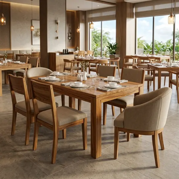 Kiln-dried solid wood restaurant dining sets by Craftnika, a trusted restaurant furniture supplier Vijayawada