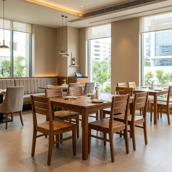 Commercial dining tables and chairs manufactured by leading restaurant furniture suppliers in Bangalore.