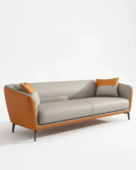 Luxury Rialto Two-Tone Leather Sofa featuring a solid kiln-dried wood frame, striking grey and orange contrast leather, and black metal legs for living rooms.