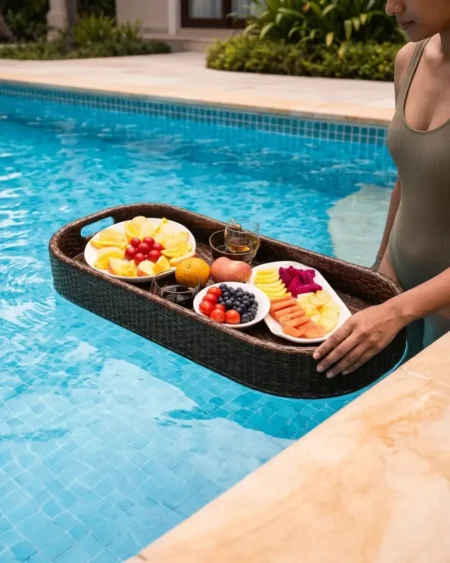 The Riviera Float Oval Rattan Tray featuring a spacious elliptical silhouette and waterproof PE rattan over an aluminum core.