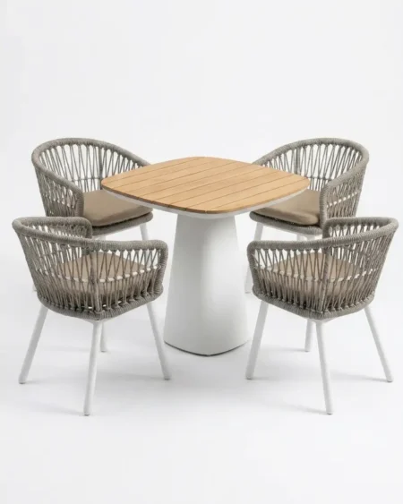 Luxury hybrid marine-grade aluminium Roble cone-base dining set with a kiln-dried teak top square table and UV-stabilized rope armchairs for commercial outdoor dining sets.