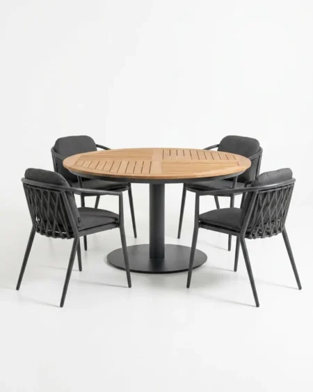 Luxury hybrid marine-grade aluminium Roble teak-top dining set with a round kiln dried timber table and UV-stabilized rope armchairs for commercial outdoor dining sets.