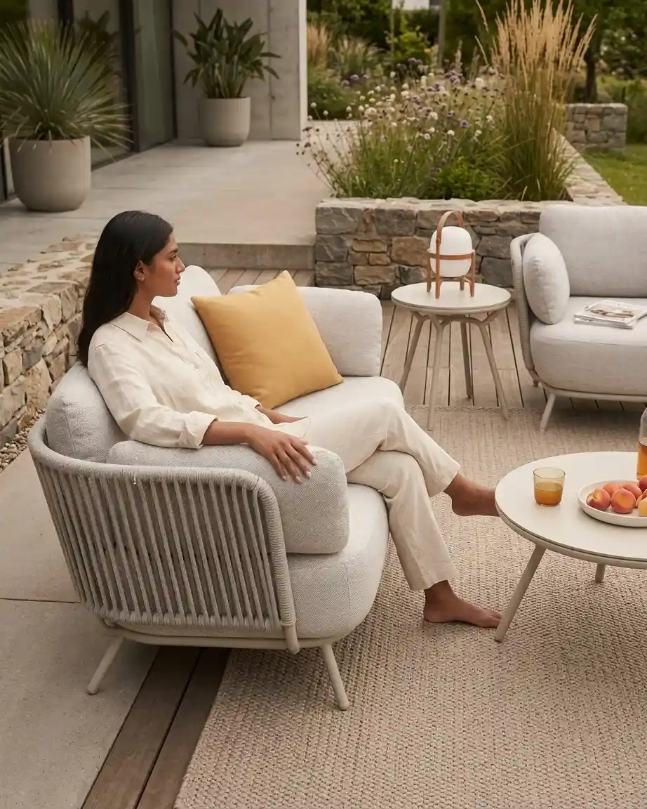 Side profile of the rope arm sofa highlighting the intricate ivory rope wrapped armrests and high-density waterproof cushions.