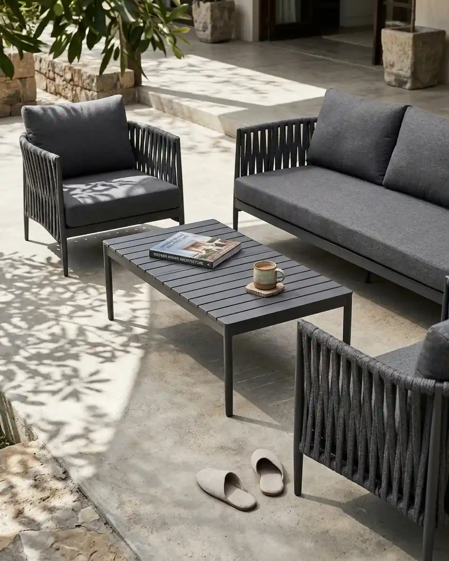 Side profile of the rope slat sofa set highlighting the vertical woven side panels and high-density waterproof grey cushions.