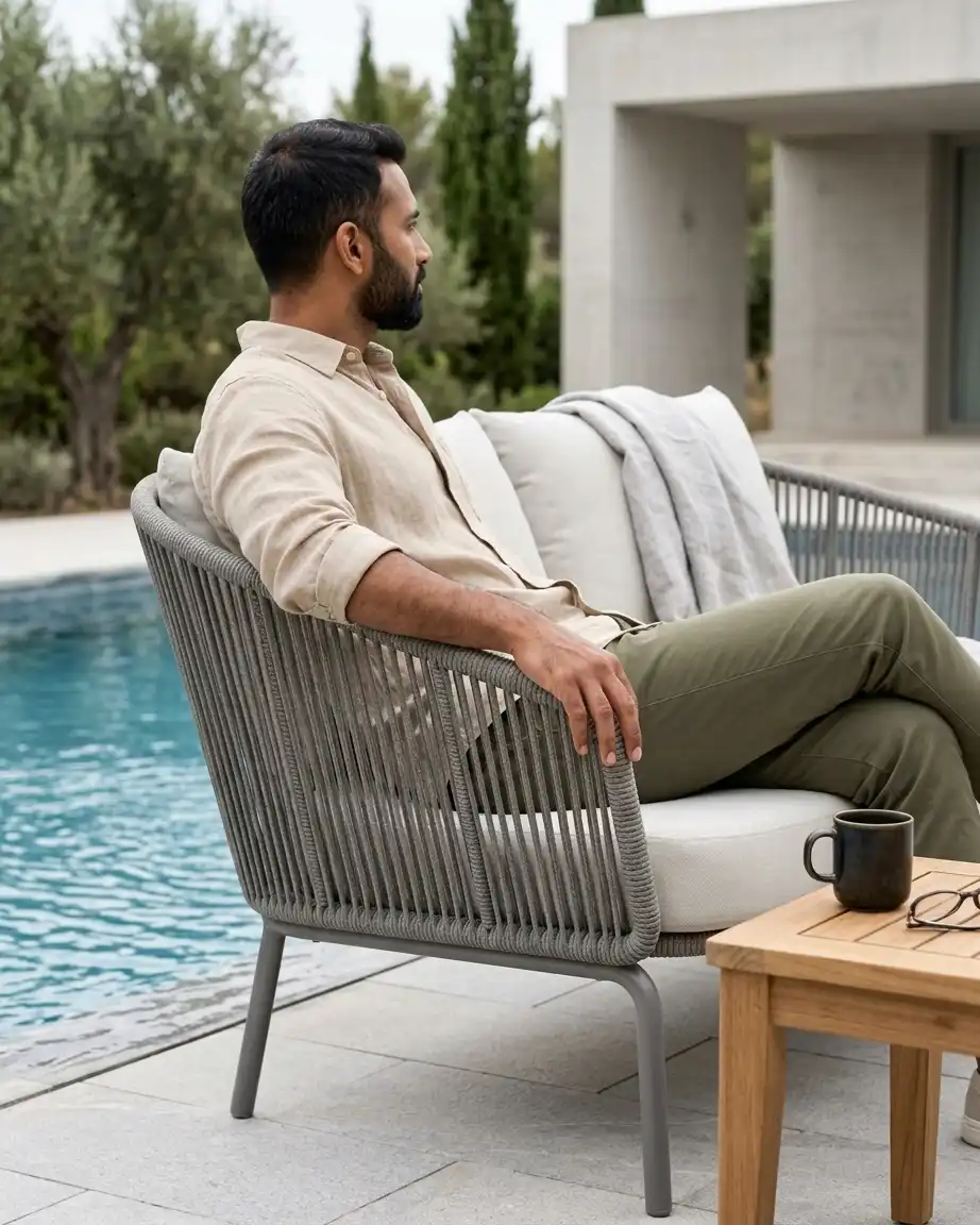 Side profile of the rope weave loveseat highlighting the intricate taupe vertical rope pattern and high-density waterproof cushions.