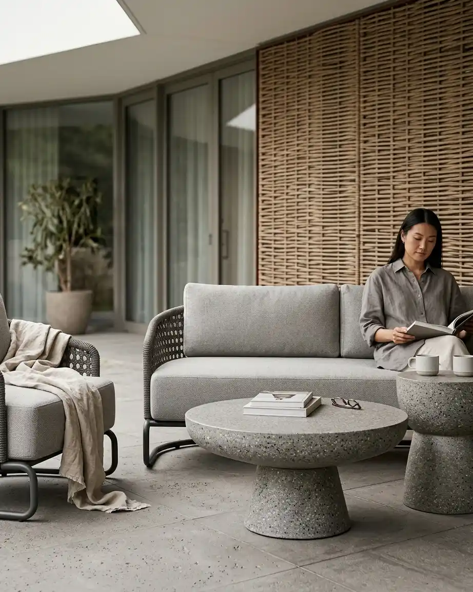 Side profile of the rope weave sofa set highlighting the ergonomic seating and high-density waterproof cushions.