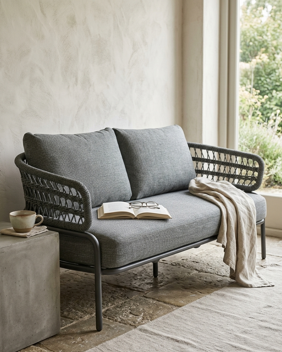 The Marlow model displayed as a luxury rope weave sofa wholesale installed in a resort lounge.