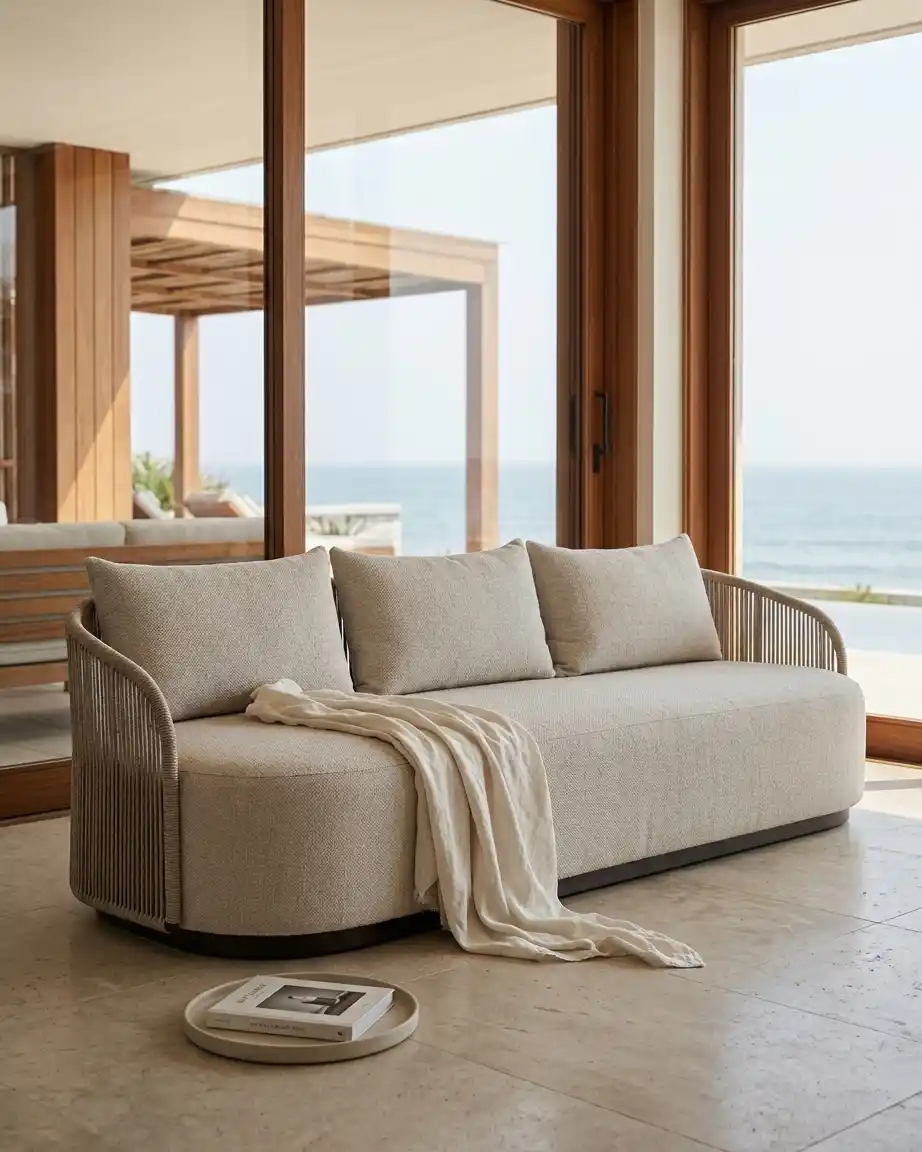 The Ovalis model displayed as a luxury commercial grade rope weave sofa wholesale order installed in a premium boutique resort lounge.