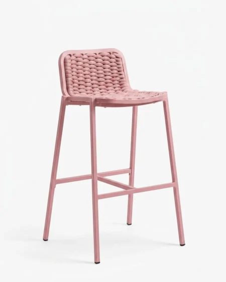 Marine-grade rosalind bar stool with pink powder-coated frame and matching braided rope seat