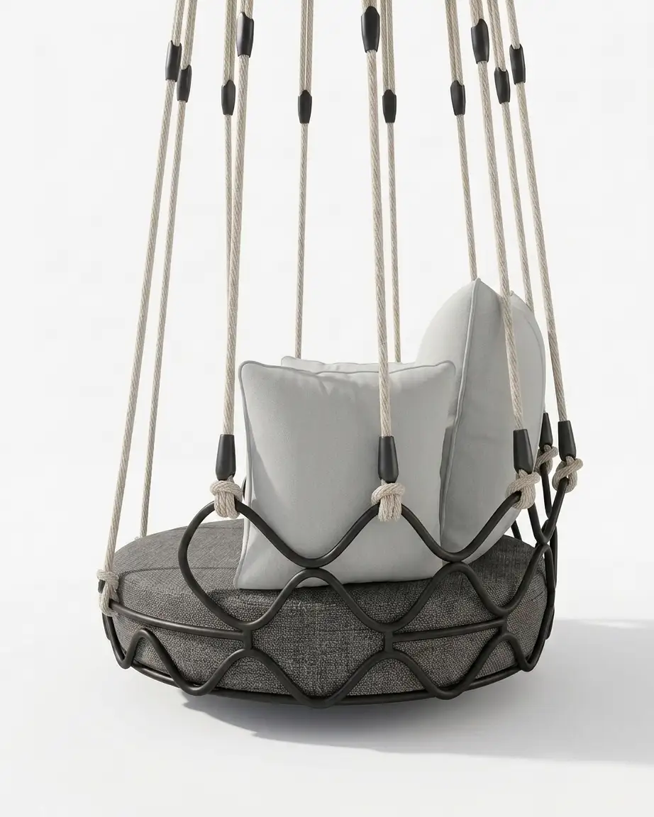 Side profile of the round hanging swing chair showcasing the wide circular seating and high-density waterproof cushions.