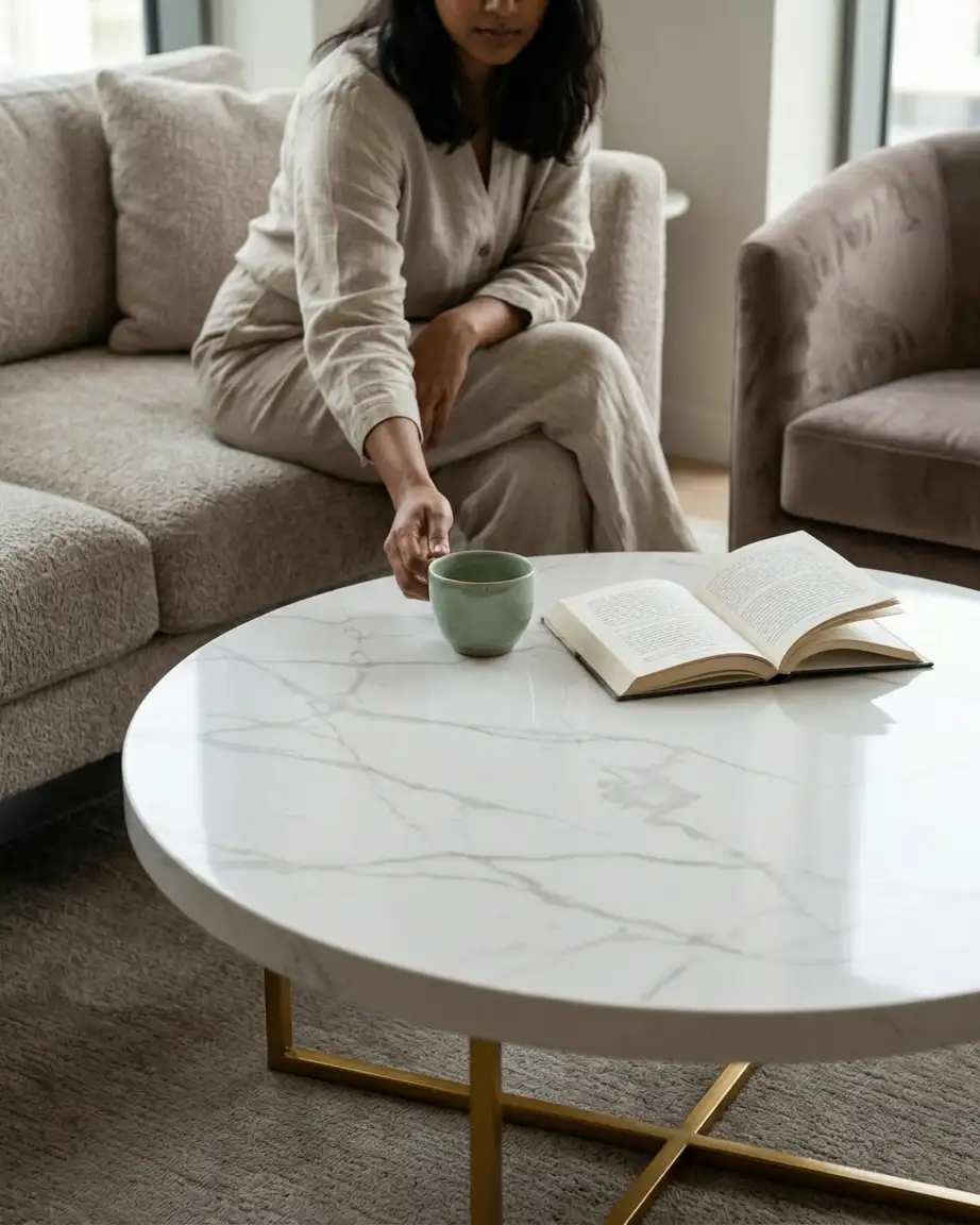 Close up of the round Calacatta marble top on the Estrella coffee table with a gold metal base.