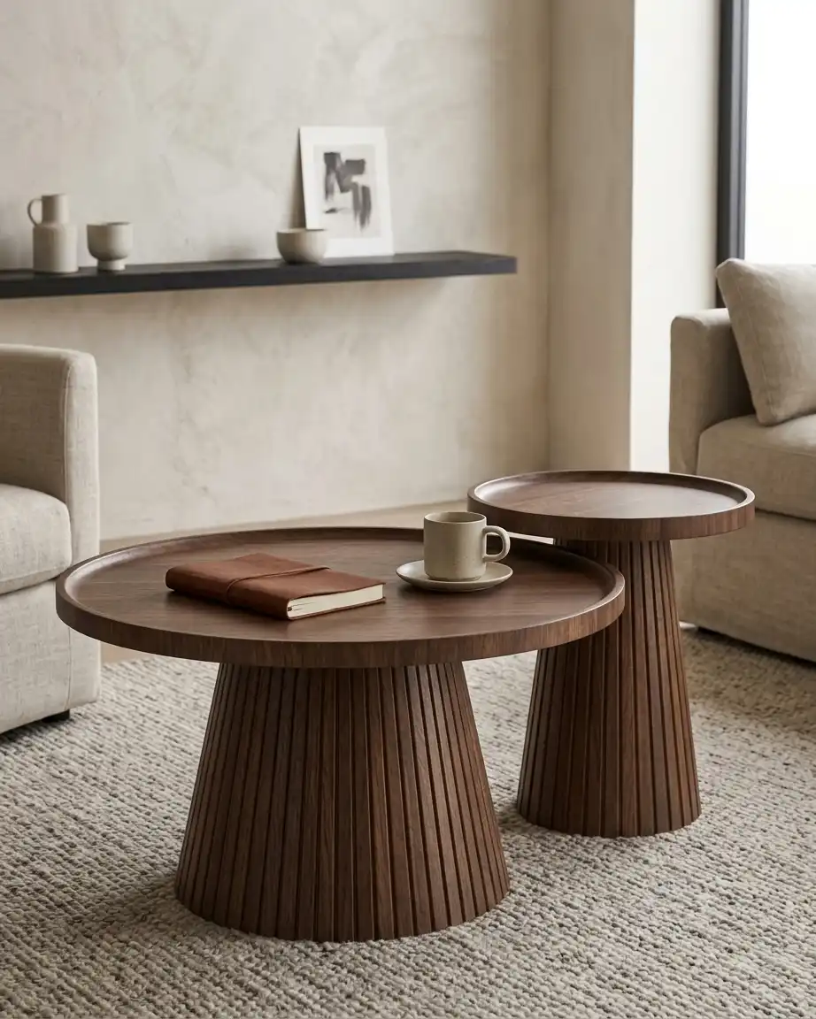 Close up highlighting the deep fluted texture of the conical solid walnut wood pedestal and the seamless tray edge.