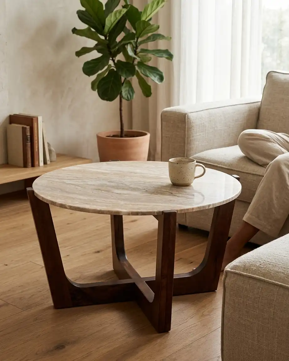 A top angle showing the natural porous texture of the round travertine coffee table top.