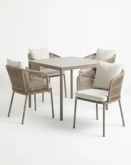 Luxury taupe marine-grade aluminium Sabbia square dining set with a square table and UV-stabilized dense rope armchairs for commercial outdoor dining sets.