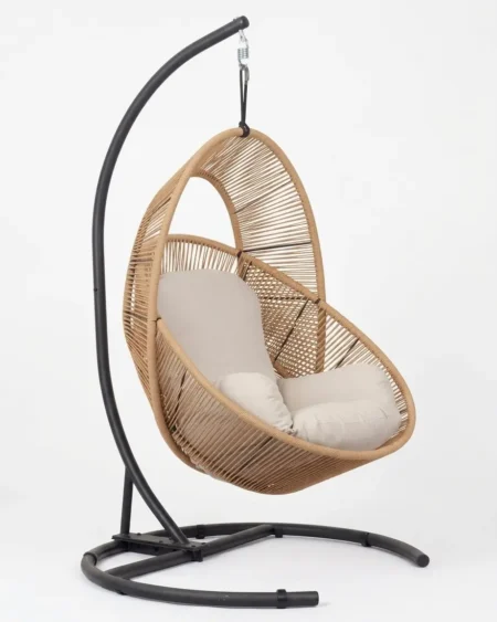 The Sahara Woven Hanging Egg Chair featuring a premium cocoon design and a rust-proof marine-grade steel stand.