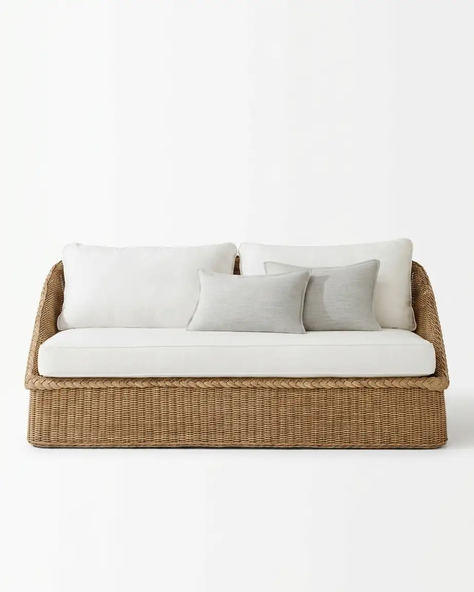 The Sandbar Braided Rattan Sofa featuring a sophisticated 2-seater design with a braided edge trim and white cushions.