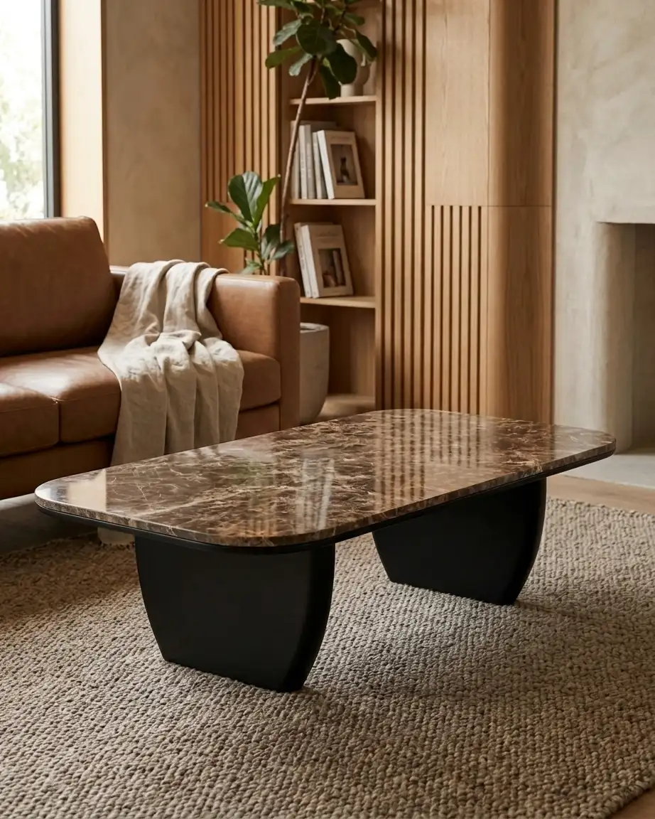 Detailed view of the architectural matte black coated wooden base providing structural support to the heavy marble top.