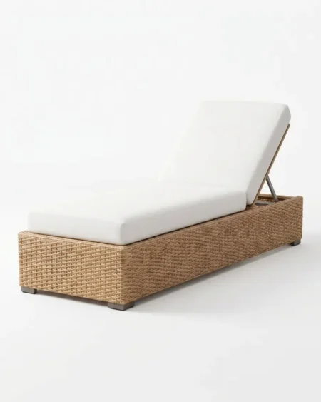 Luxury Sedona wicker sun lounger featuring a rust-proof aluminium frame and herringbone UV-stabilized honey synthetic rattan, manufactured for high-end resorts.