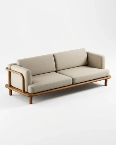 Luxury Sequoia Open-Frame Wood Sofa featuring an exposed solid kiln-dried teak wood frame, continuous tubular timber design, and plush woven fabric cushions for living rooms.