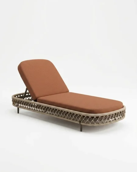 Luxury Sequoia rope-lattice sun lounger featuring an architectural aluminium frame and UV-stabilized synthetic open rope weave, manufactured for high-end resorts.