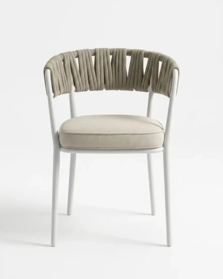 Luxury white marine-grade aluminium Serano cord-wrap dining chair with UV-stabilized rope for commercial outdoor dining sets.