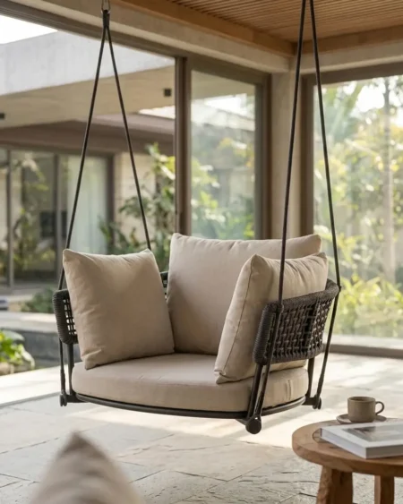 The Serene Loop Hanging Swing Chair featuring an open-weave rope design and a ceiling-hung mount.