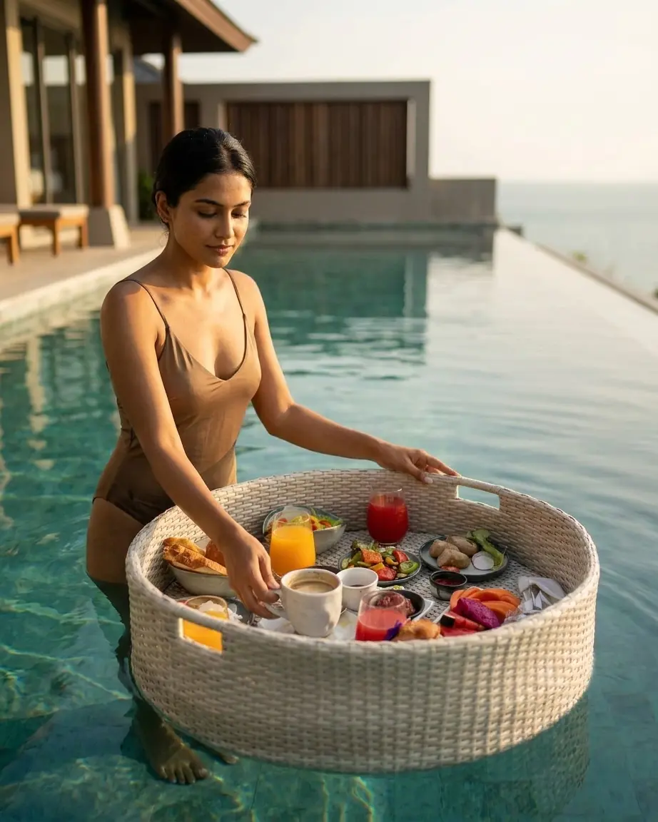 The Serenity Float Rattan Breakfast Basket featuring deep woven walls and UV-stabilized synthetic rattan over an aluminum core.
