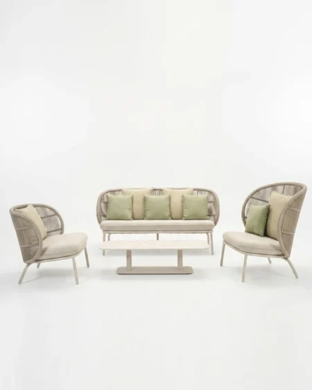 The Sereno High-Back Rope Lounge Set featuring a sophisticated curved high backrest with premium beige rope weave and a powder-coated aluminium frame.